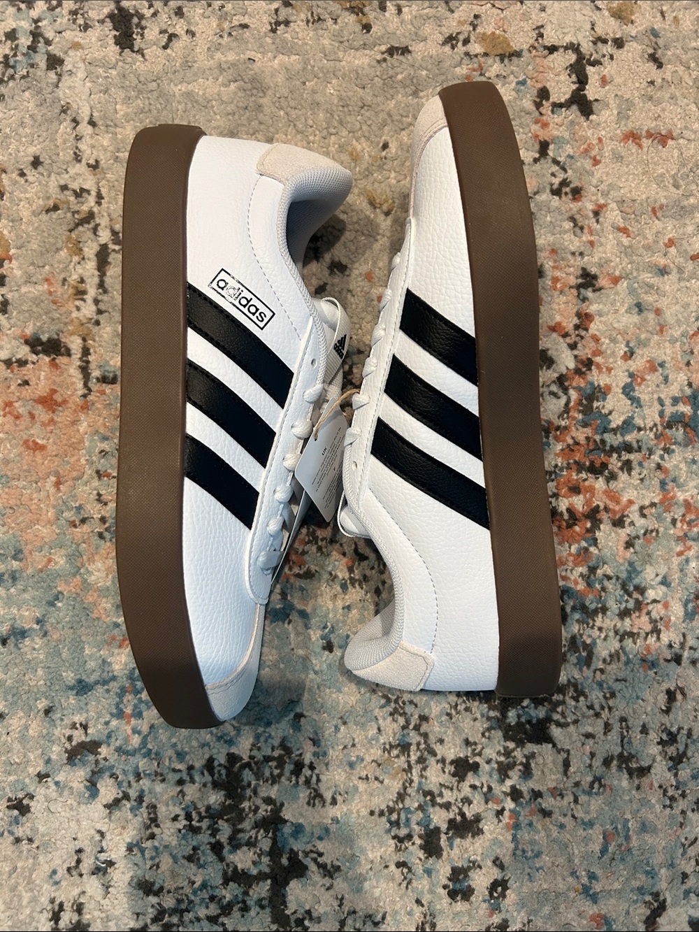 adidas White Sneakers with Black Stripes and Brown Platform Sole